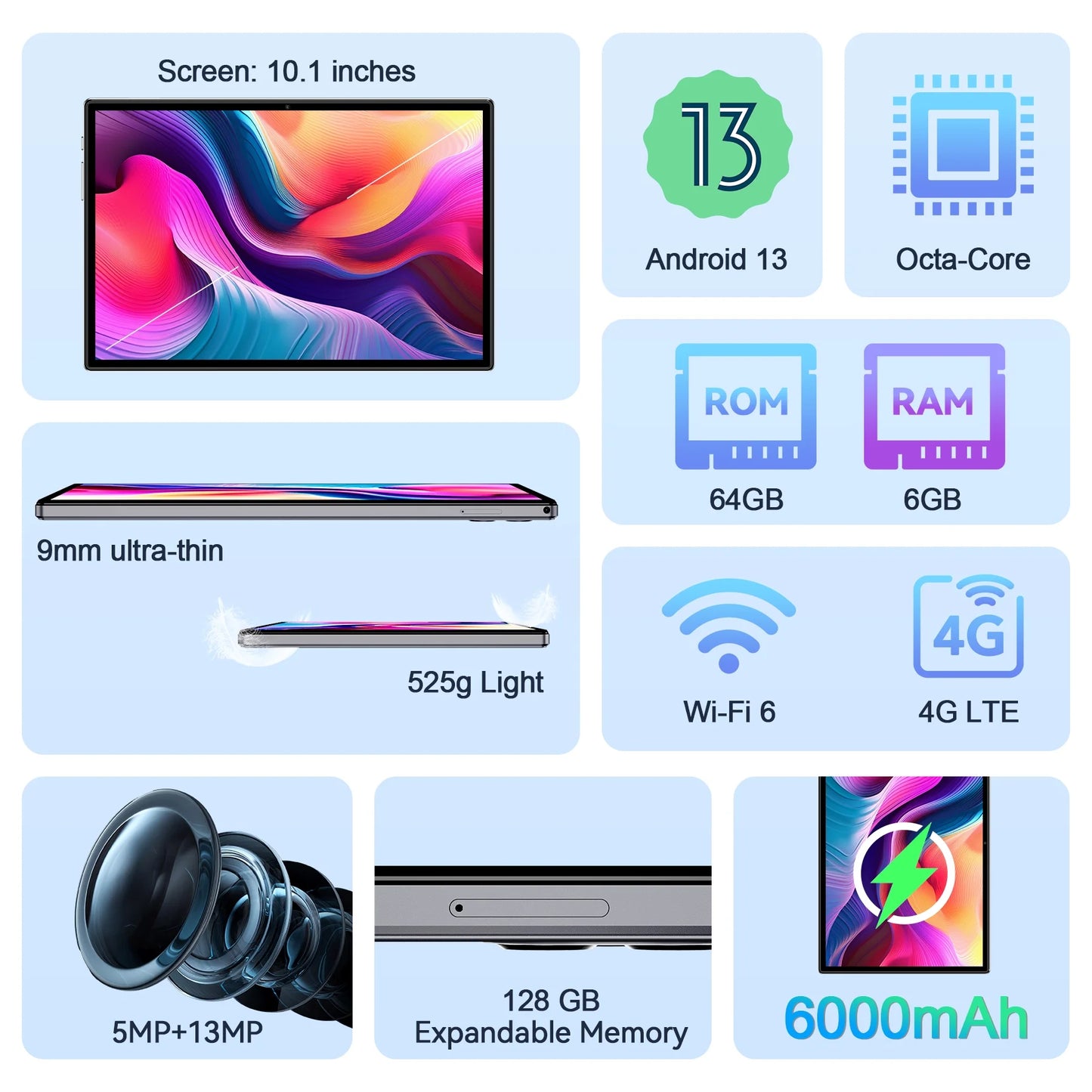 2025 Android 13 Tablet, 10.1 Inch Tablets 6GB+64GB +128GB Expand, 6000Mah Octa-Core Tablet Drop-Proof Case, 1280*800 HD IPS Display, GPS, 5G/2.4G Wifi,Dual 5MP+13MP Camera for Adults and Kids